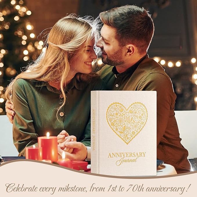 Lanpn Wedding Anniversary Journal Book, Linen Dating 1st to 70th Couple Memory Book Wedding Scrapbook, 190 Pages Love Stories Notebook Newlywed Marriage Anniversary Bridal Shower Gift, Beige