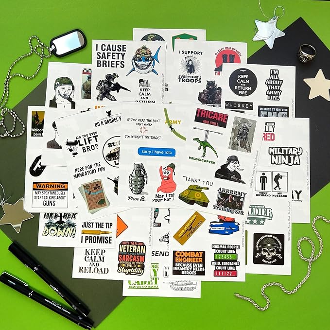BulbaCraft 100Pcs Funny Army Stickers and Decals — Small Vinyl Military Stickers and Decals for Hard Hat & Helmets, Military or Army Gifts, Gifts for Women & Men