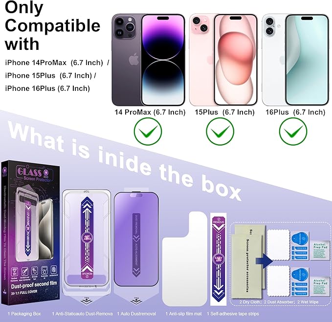 SHANG PIN JIA 2 Pack Anti Blue Light Matte Screen Protector for iPhone 16 Plus/iPhone 15 Plus/iPhone 14 Pro Max 6.7-Inch Auto Dust Removal, No Bubbles, Tempered Glass Film, Easy Installation