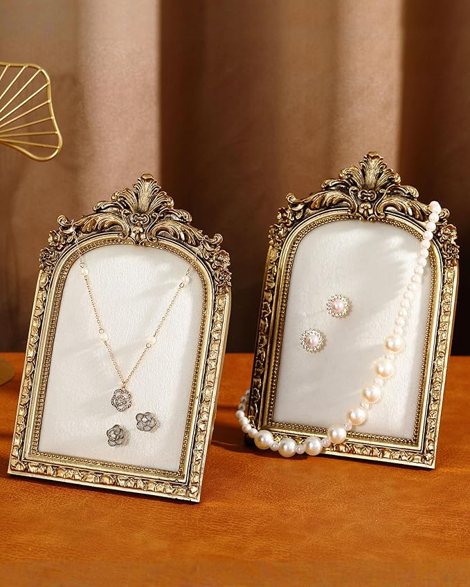 2 Pcs Gold Jewelry Display Stand Vintage Necklace Organizer Ring Holder Earring Tray Resin Jewelry Photography Props Frame with Velvet Backing for Gifts(White,Small,Elegant)