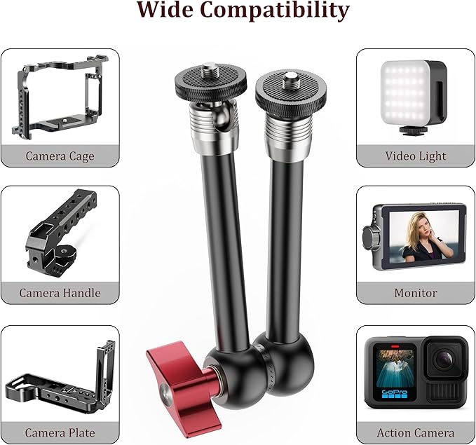 HSU 9.8" Magic Arm with 1/4" Thread Screw, Adjustable Articulating Friction Power Arm with Dual Ball Head for LCD Monitor/LED Lights/Cameras/Smartphones/Action Cameras
