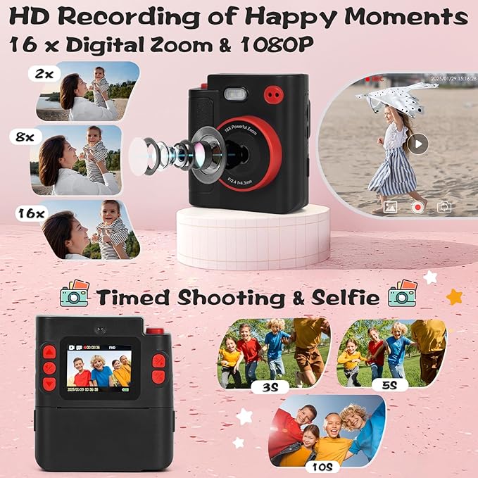 Kids Camera Instant Print, 1080P HD Dual-Lens Selfie Digital Camera with 5 Printing Paper Rolls & 32G TF Card, for Children, Portable Toddler Toy for Age 3-12 Boys & Girls (Black)