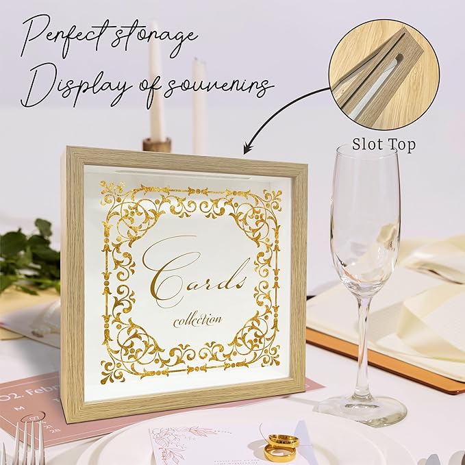 8"x 8" Card Collection Box Photo Frame - Gold Carved Pattern Keepsake - Everything I Want to Remember - Display Collect Memory Box for Greeting Cards, Tickets,Wedding Invitation Keepsake Gift - A02