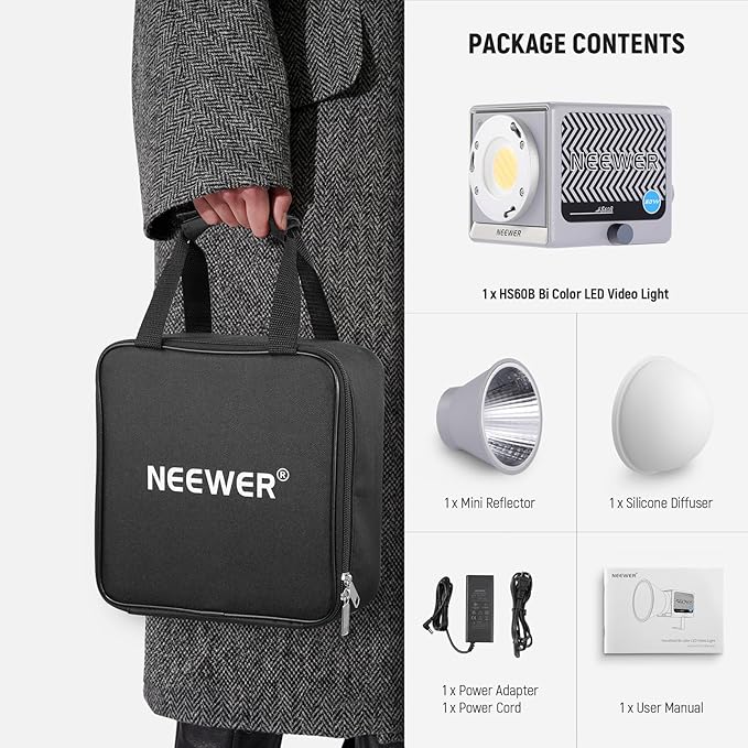 NEEWER HS60B Mini Video Light with App Control, 60W Handheld Portable Bi Color COB LED Continuous Output Lighting with 35000lux/1m 2700-6500K 0-100% PWM Dimming CRI/TLCI 97+ 12 Scenes USB Type C