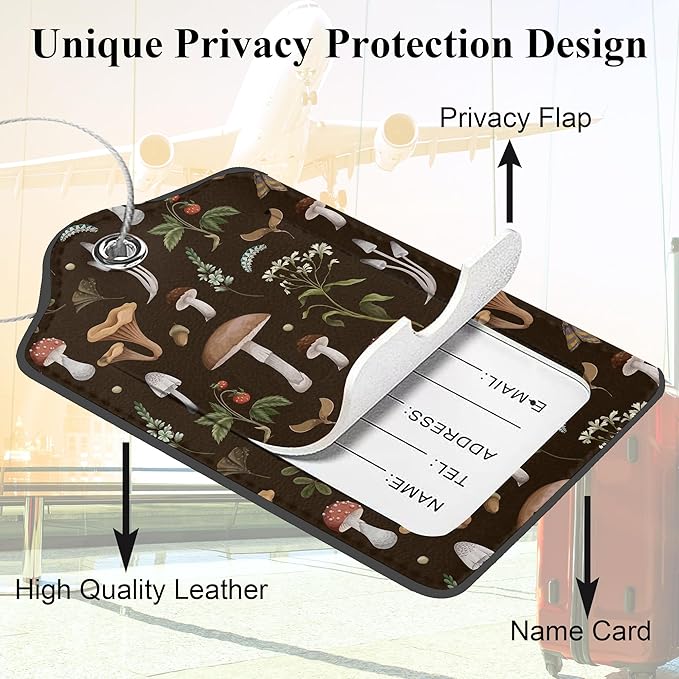Psychedelic Mushrooms PU Leather Luggage Tags for Suitcase, Butterflies Insects Travel Cruise 2 Pack with Privacy Flap, Name ID Label and Metal Loop for Women Men Girls Baggage Bag