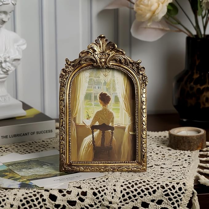 Cuspin 4x6 Picture Frame Arched Vintage Frame, Gold Ornate Resin Frames with Plexiglass Front for Wall Mounting and Tabletop Display, Antique Photo Frame Retro Home Decor