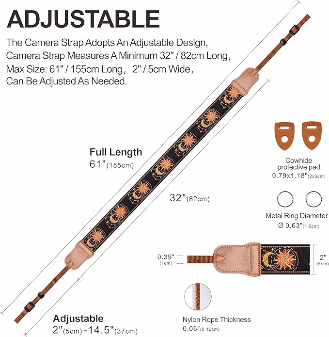 Padwa Lifestyle Helios Moon God Camera Strap -2" Double Layer Cowhide Ends Camera Straps for Photographers, Vintage Embroidered Cotton Weave Soft Padded Strap Adjustable fits All Cameras