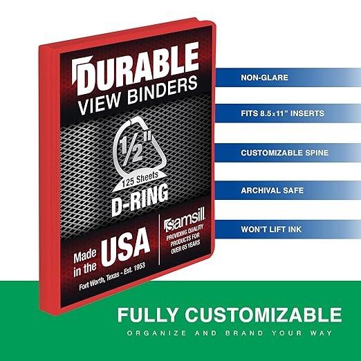 Samsill Durable 0.5 Inch Binder, Made in The USA, D Ring Binder, Customizable Clear View Cover, Ruby Red, Holds 125 Pages