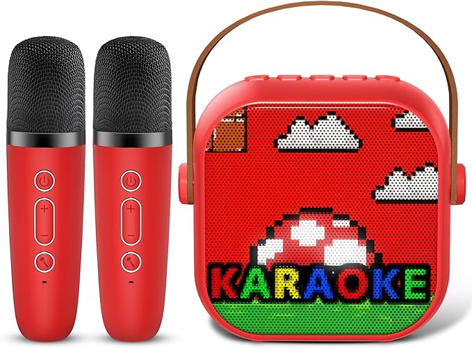 Mini Karaoke Machine, Portable Bluetooth Speaker with 2 Wireless Microphones for Kids & Adults, Karaoke Microphone with LED Lights, Gifts for Girls & Boys_Red
