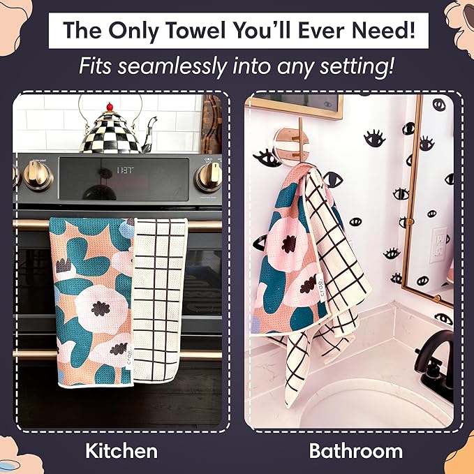 Reversible Microfiber Towel - Ultra Absorbent, Quick-Drying Hand Towels - Modern Design, Scratch-Free, Lint-Free for Kitchen, Bathroom, Car Cleaning - 19x29 Inches, Set of 1 (Lilly Plaid- Cream/Multi)