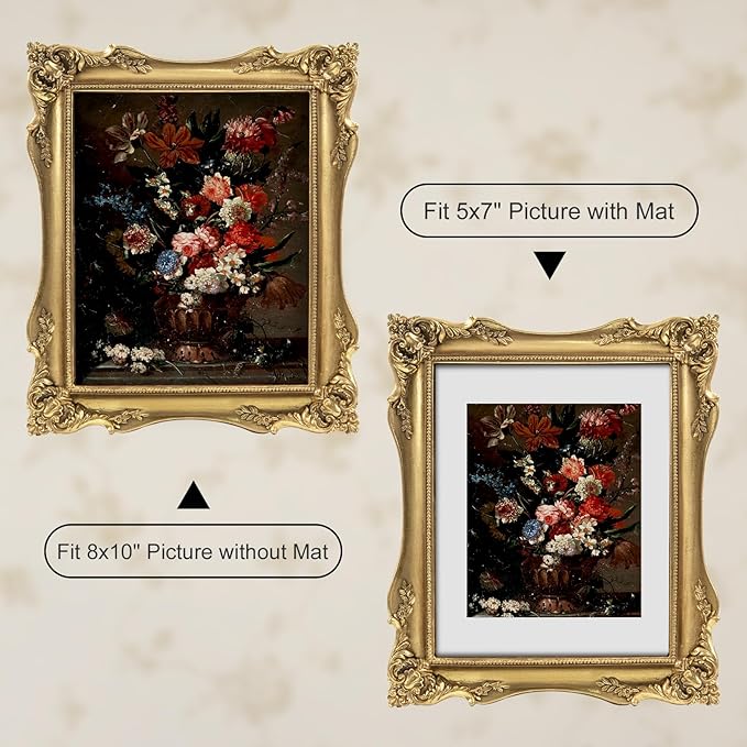 8x10 Vintage Picture Frame Gold, Ornate Baroque Gothic Victorian Frames with Mat for 5x7 or 8 x 10 Photos, Tabletop or Wall Display, Antique Home Decor Accent
