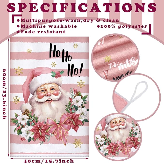 Preboun 6 Pcs Christmas Kitchen Towels Santa Reindeer Stripe Hand Towels Pink Farmhouse for Dish Xmas Tea Kitchen Bathroom Decor