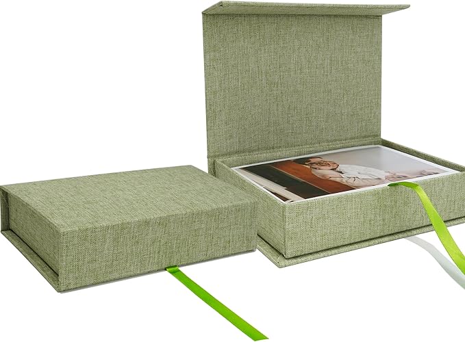 Vienrose Linen 5" x 7" Photo Cases and Postcard Keeper Storage Container Box 1Pcs for Photo, Postcard, Decorative Paper, GrassGreen