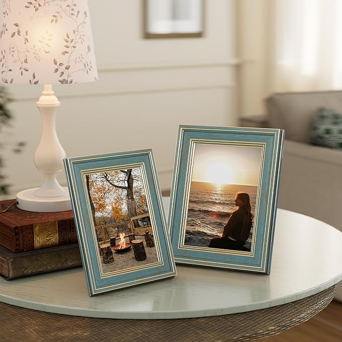 Vittanly 4x6 Picture Frame Set of 4, Vintage Photo Frame for Wall or Tabletop, Display 4x6 Pictures, Rustic Farmhouse Home Decor, Blue