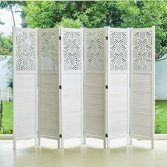 Folding Room Divider, 66.9 Inch 6 Panels Wood Carved Privacy Screens, Free Assembled Freestanding Portable Separation Wall for Home Office Restaurant Bedroom (White)