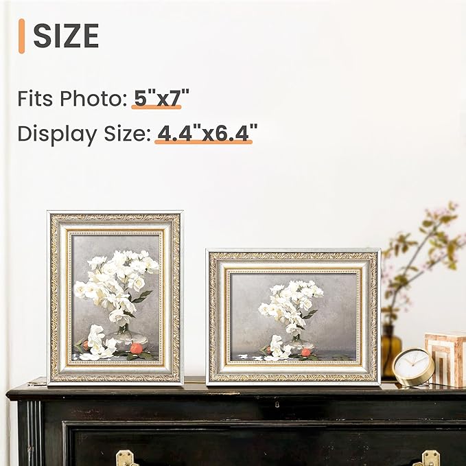 upsimples 5x7 Picture Frame with Real Glass, Ornate Vintage 5 x 7 Photo Frames for Wall Decor or Tabletop Display, White and Gold, 2 Pack