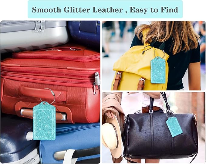 (Set of 2) Luggage Tag Leather Privacy Cover ID Label Address Card with Stainless Steel Loop, Travel Bag Tags Suitcase Labels, Blue Green Glitter