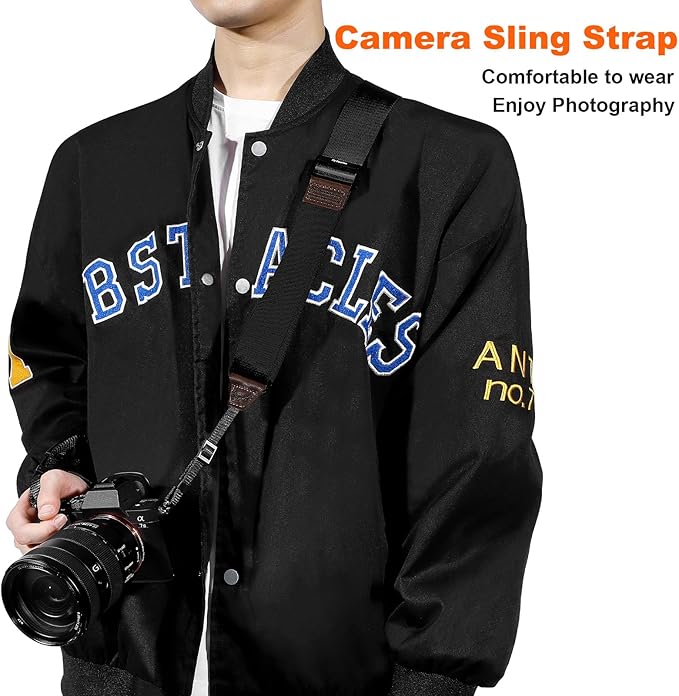 Camera Strap for Photographers, Adjustable Nylon Camera Shoulder Strap Crossbody with Leather Trim, 39-63 Inch(black)
