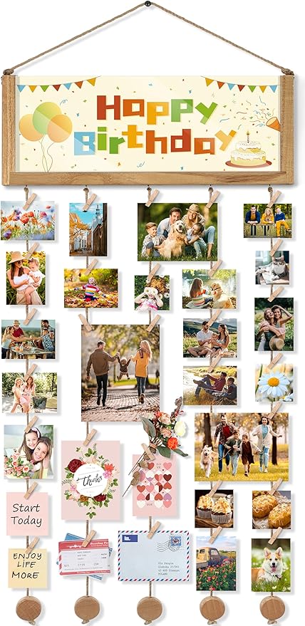 Bikoney Rustic Collage Photo Display Wall Decor with Happy Birthday Banner, Gift Card Storage and 30 Clips for Dorm Room, Bedroom and Home