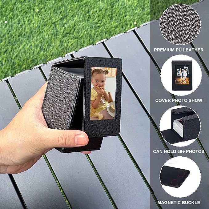 CAIYOULE Picture Holder Case for Fujifilm Instax Mini 41/12/11/99/90/EVO/SE/7+ Film Photo, PU Leather Photo Storage Box for Polaroid Mini Film, 2.5x3.7 Protective Case Can hold 50+ films, Black