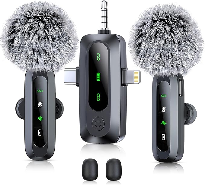 3 in 1 Wireless Lavalier Microphone for iPhone, iPad, Android, Camera, 2 Pack Professional Mini Microphone LED Display Clip on Mic with Noise Reduction for Video Recording TikTok YouTube Vlog