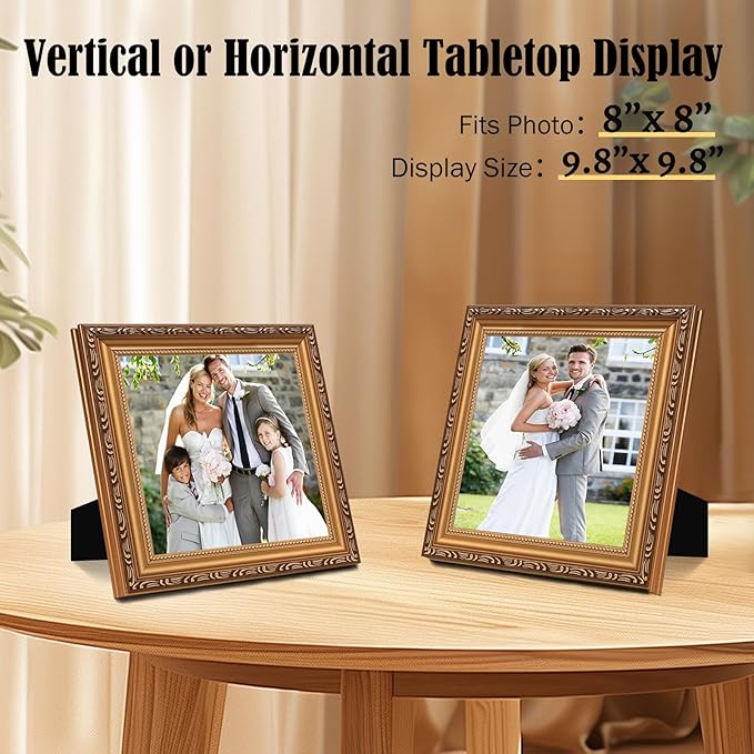 8×8 Picture Frame - Gold Picture Frames for Wall Hanging, Ornate Photo Frame for Horizontal or Vertical,Vintage Frames,Christmas Frames,with Durable Plexiglass