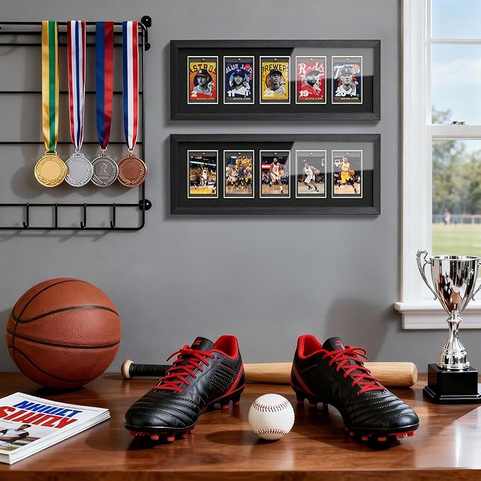Baseball Card Display Case, Wall Mount Trading Card Display Frame for 5 Standard Cards with UV Protection Magnetic Card Holder, Sports Display Cases for Football Basketball Hockey Card Collection