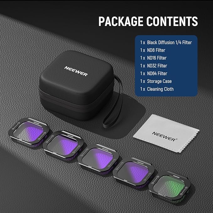 NEEWER Phone Lens Filter Kit (5 Pack), Black Diffusion 1/4/ND8/ND16/ND32/ND64 Quick Release HD Optical Glass Only Compatible with iPhone 16 Pro (PA073) & 16 Pro Max (PA074) Phone Cage