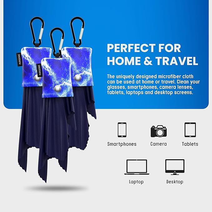 Microfiber Cloth & Glasses Wipes (3 Pack) Lens & Glasses Cleaning Cloth - Eyeglass Cleaner - Camera Lenses & Gadget Delicate Screens - Blue