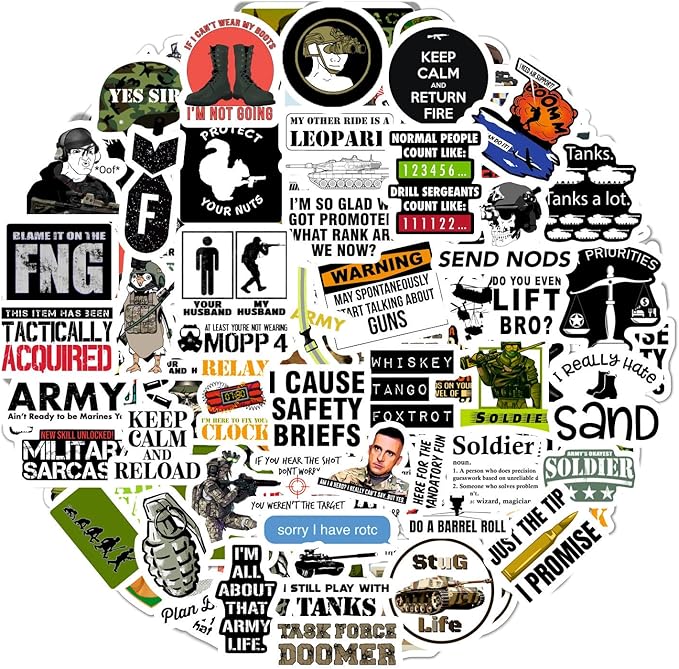 BulbaCraft 100Pcs Funny Army Stickers and Decals — Small Vinyl Military Stickers and Decals for Hard Hat & Helmets, Military or Army Gifts, Gifts for Women & Men