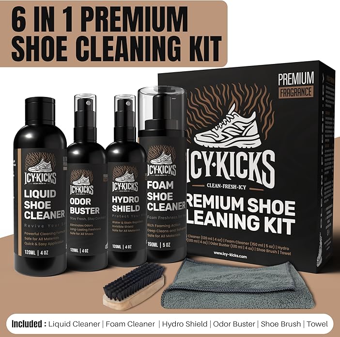 ICYKICKS Premium 6-in-1 Sneaker & Shoe Cleaning Kit – Foam Cleaner, Water-Repellent, Odor Eliminator, Brush & Microfiber Towel – Safe for Leather, Suede, Canvas – Deep Clean Sneakers Fast