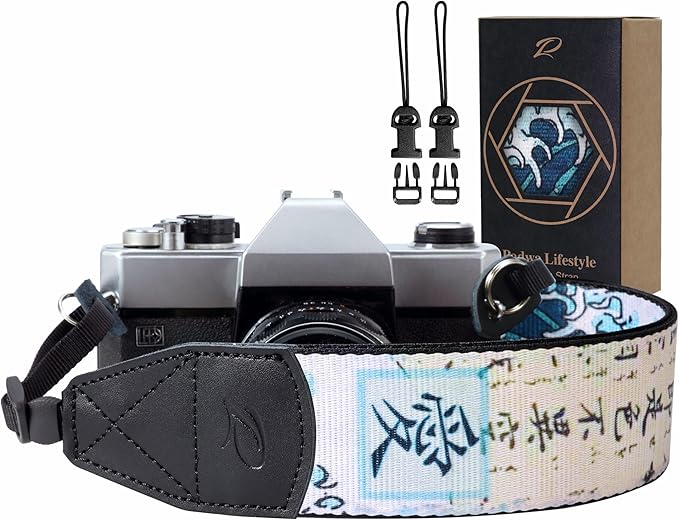Padwa Lifestyle Chinese Style Camera Strap - 2" Wide Genuine Leather Ends Camera Straps for Photographers, Vintage Chinese Style Print Nylon Strap with Camera Quick Release fits All Cameras