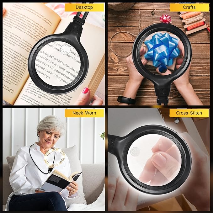 15X Hands Free Magnifying Glass with Light, 6 Light Modes, 1200mAh Rechargeable Neck LED Magnifier for Seniors & Low Vision, Needlepoint, Cross Stitch, Crafts, Reading, Sewing