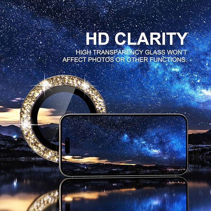 Choiche Compatible for iPhone 15 Pro/iPhone 15 Pro Max Camera Lens Protector Bling, 9H Tempered Glass Camera Cover Screen Protector Metal Ring Decoration Accessories (Glitter-Gold)