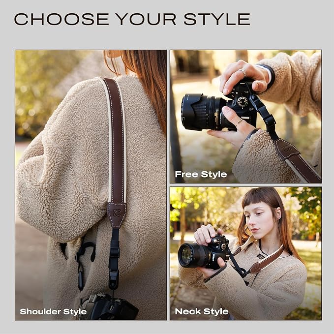 C Coiro Classic Leather Camera Strap with Quick Release, Sling Neck DSLR SLR Camera Shoulder Strap for Photographers