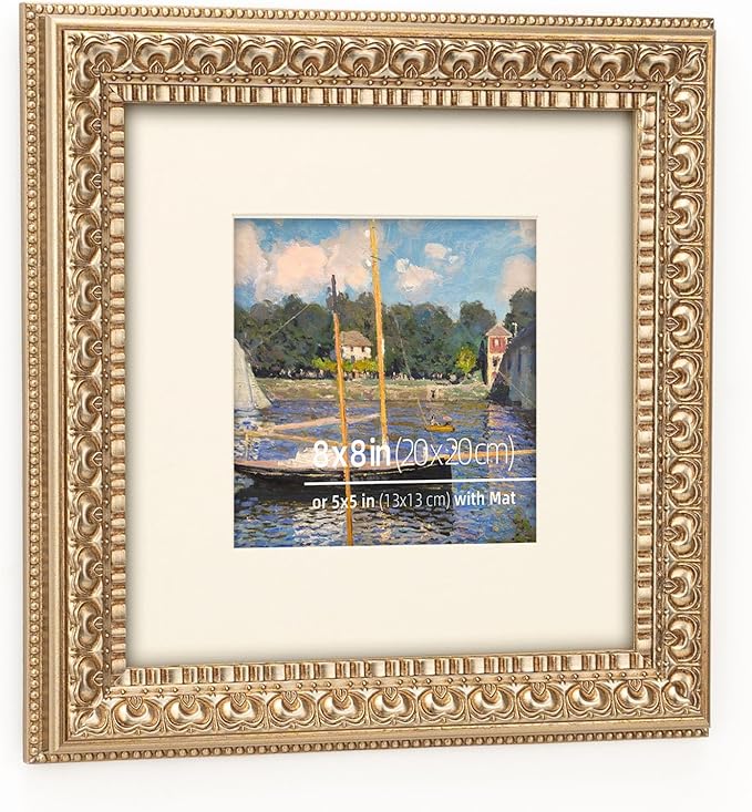 8x8 in Antique Silver Ornate Vintage Wood Picture Frame, Matted for 5x5 Photos, Real Glass Protection, Tabletop or Wall Mounting Display