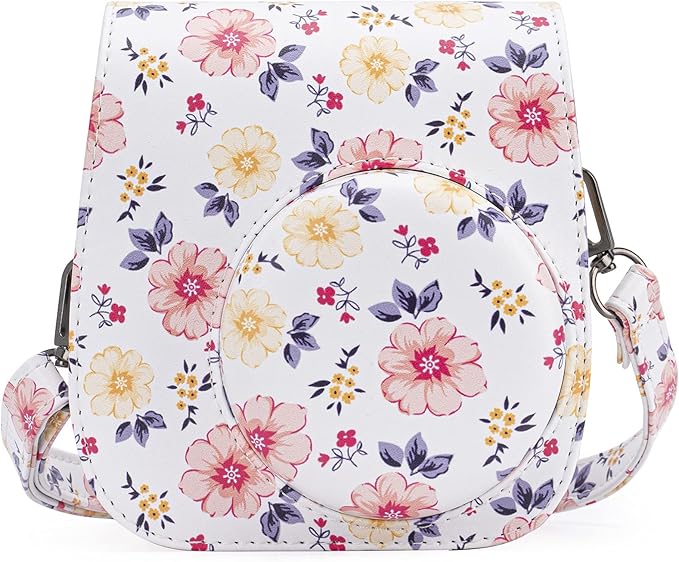 Frankmate Protective Case Compatible with Fujifilm Instax Mini 12 11 9 8 Instant Film Camera with Pocket and Adjustable Strap (Flowers White)