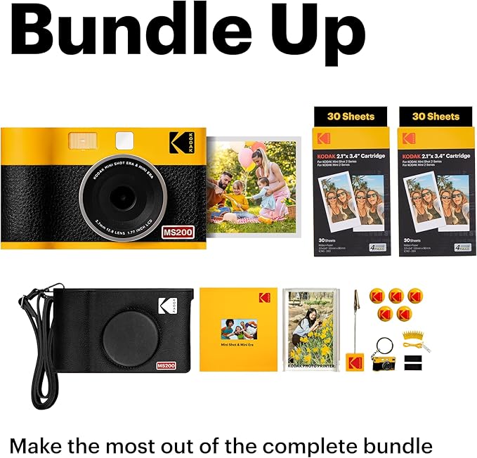 KODAK Mini Shot 2 ERA 4PASS 2-in-1 Instant Camera and Photo Printer (Black, Camera + Initial 8 Sheets + 60 Sheets + Accessories)