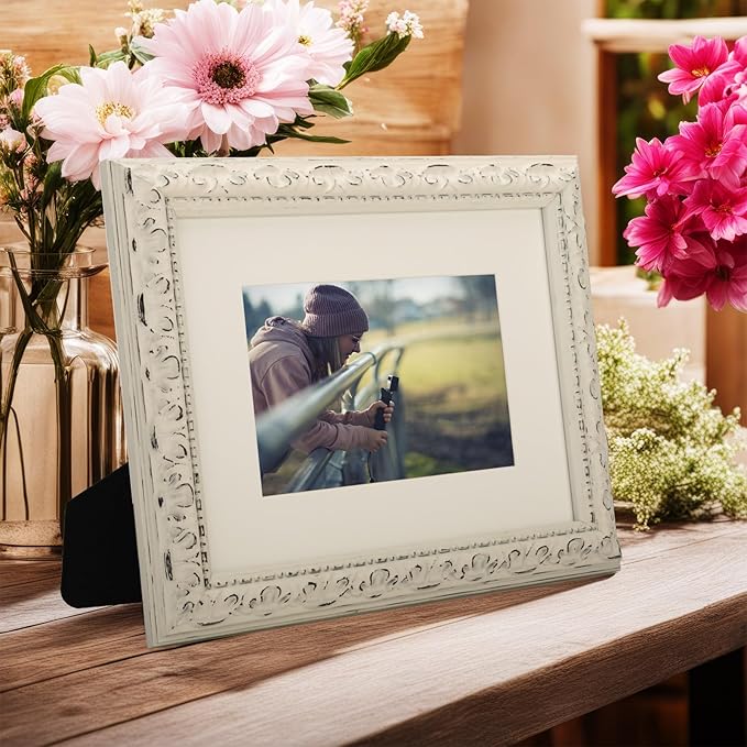 8x10 inch Distressed Wood Embossed Scroll Motif Vintage Antique Rustic Picture Frame, White Mat for 5x7 in Photo, Art Print Drawing, Wall Hanging or Desktop Display-Washed White