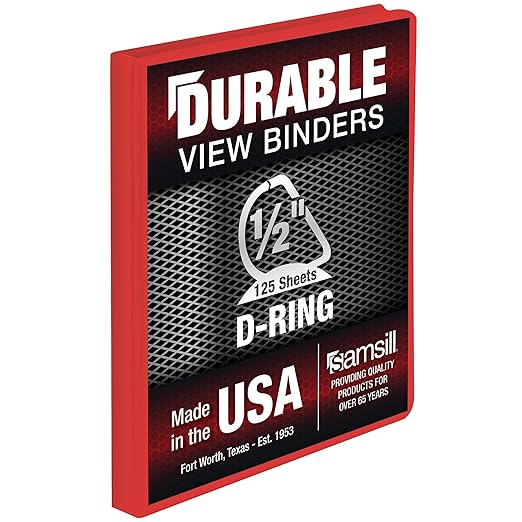Samsill Durable 0.5 Inch Binder, Made in The USA, D Ring Binder, Customizable Clear View Cover, Ruby Red, Holds 125 Pages