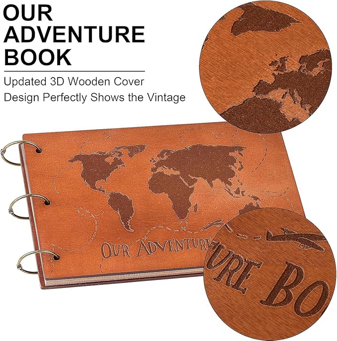 Adventure Book 3D Wooden Cover Scrapbook Photo Album 11.92 x 7.62"Timeless Memory Journal for Unforgettable Adventures&Precious Moments-Ideal for Anniversaries,Travel & Couple Gifts (3D Map Style)