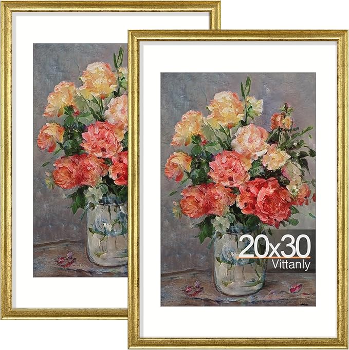 Vittanly 20x30 Picture Frames Set of 2, Ornate Vintage Photo Frame for Wall Mount, Display 16x24 Pictures with Mat or 20x30 without Mat, Rustic Gold