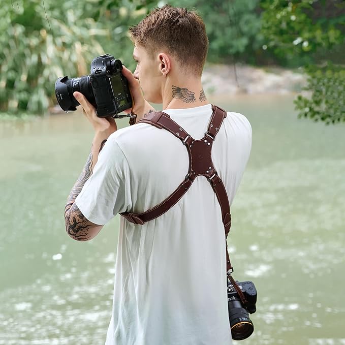 Padwa Lifestyle Brown Dual Camera Harness for Two Cameras - Wide Strap with Thick Shoulder Padded,Full Grain Leather Double Harness,Multi Camera Gear for DSLR Strap for Photographers