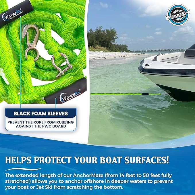 WAVESRX AnchorMate Bungee Line | Boat Bungee Dock Lines for Boats, PWCs & Kayaks | Absorbs Shock from Swells & Wind, Prevents Anchor Dislodging | Perfect for Anchoring, Mooring & Tethering