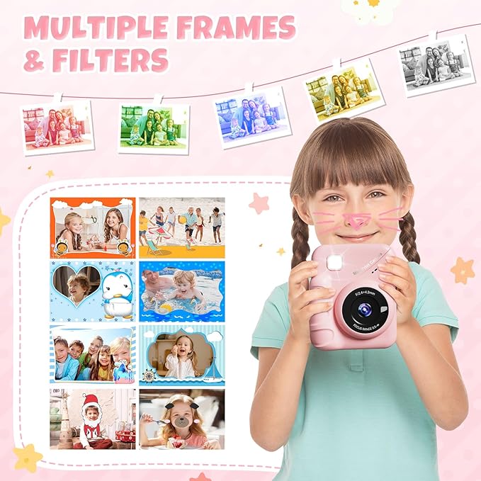 Kids Instant Print Camera, 3.0'' Screen, 48MP Photo, 1080P HD, Gift for 3-12 Year Old Girls & Boys (Pink) with 32GB Card