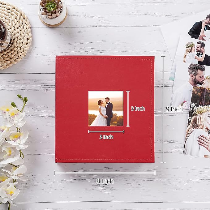 potricher Small Photo Album 4x6 200 Photos Leather Cover Picture Book with 200 Horizontal Pockets for Family Wedding Anniversary and Baby (Red)