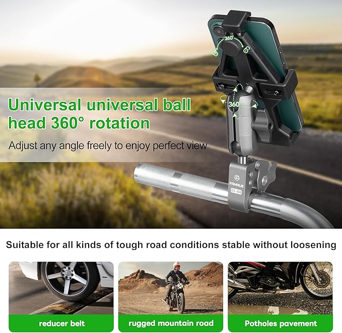 FANAUE Aluminum Motorcycle Phone Holder with 1" Ball Head Adapter Compatible with RAM Mounts B Size Double Socket Arm & Bike Phone Mount for 5.5-7" Smartphone