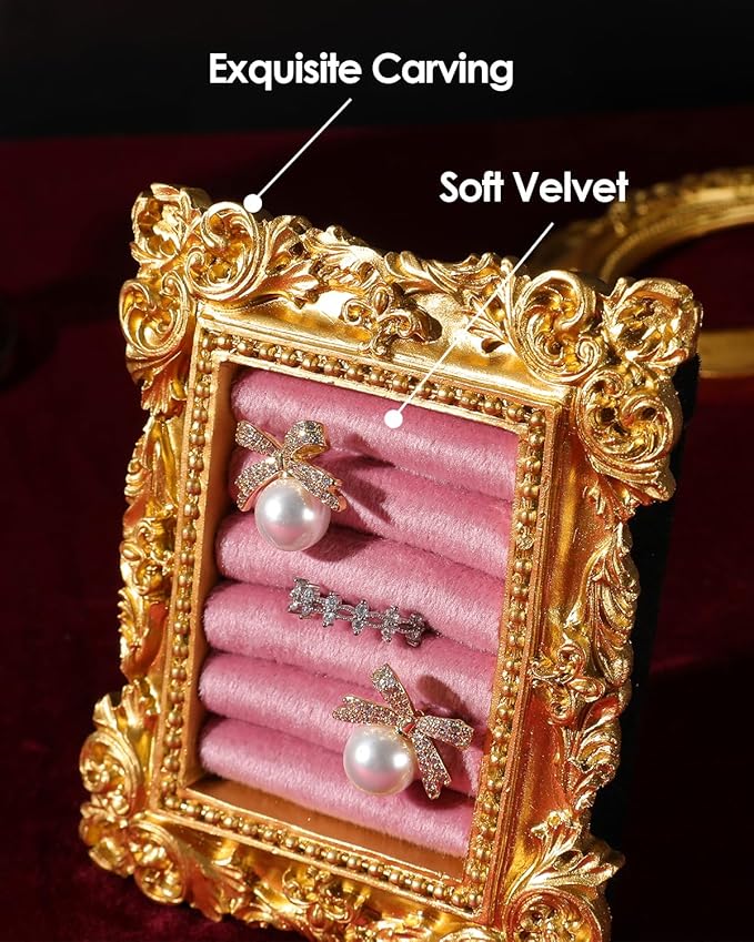 COOLYOUTH Vintage Ring Holder Ring Display Stand Frame Jewelry Organizer Velvet Tray for Jewelry (Medium-Pink)