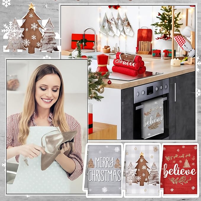 Preboun 6 Pcs Christmas Kitchen Towels Grey Buffalo Plaid Xmas Tree Brown Christmas Dish Hand Kitchen Towels Hello Winter Bathroom Decoration Dish Cloth Tea Cloth
