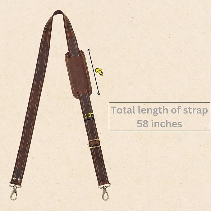 Bag Strap Replacement - Genuine Leather 57" Adjustable Shoulder Strap for Messenger, Laptop, Camera, Travel Bags